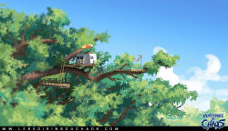  1boy blue_sky branch brown_pants clouds commentary day english_commentary giant_tree green_shirt ladder landscape leaf logo original outdoors painterly pants platform scenery shirt sitting sky sylvain_sarrailh trailer tree treehouse umbrella web_address 