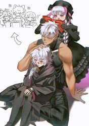  1boy 4girls apron archer_(fate) arrow_(symbol) beret black_cloak black_dress black_gloves black_hat boudica_(fate) bow braid chibi chibi_inset cloak code3755 commentary_request cookie cooking_pot dress earrings elbow_gloves fang fate/grand_order fate_(series) food frilled_dress frills gloves hair_bow hat highres holding holding_food jack_the_ripper_(fate/apocrypha) jewelry multiple_girls nursery_rhyme_(fate) pink_eyes red_bow scar scar_across_eye scar_on_face short_hair sitting sitting_on_lap sitting_on_person tamamo_cat_(fate) toned toned_male watermark white_hair 