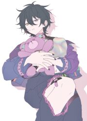  1boy absurdres bandaid bandaid_on_knee bandaid_on_leg black_hair blue_eyes chain clenched_teeth demon_tail earrings ensemble_stars! feature_scout_2_(ensemble_stars!) fingernails hair_between_eyes heterochromia highres hugging_object jewelry kagehira_mika long_sleeves looking_at_viewer male_focus nail_polish official_alternate_costume pants parted_lips ring safety_pin seogil short_hair simple_background solo stuffed_animal stuffed_toy tail teddy_bear teeth torn_clothes torn_pants white_background yellow_eyes 