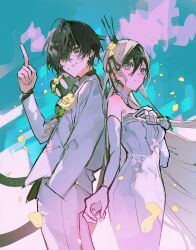  1boy 1girl 1other absurdres anku_(reverseblue) bare_shoulders black_crown black_hair blonde_hair commentary_request crown dress elbow_gloves gloves grey_eyes highres long_hair multicolored_hair mura_karuki pants reverseblue_x_re-birthend short_hair suit suzumi_(reverseblue) tsuruha_(reverseblue) two-tone_hair very_long_hair white_dress white_gloves white_pants white_suit 