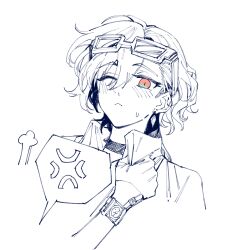  2girls ;< anger_vein blush ceras_yanagida_lilienfeld clothes_grab collar_grab commentary edel_note eyewear_on_head frown greyscale highres katsuragi_izumi link!_like!_love_live! long_hair love_live! monochrome multiple_girls neckwear_grab one_eye_closed protected_link puff_of_air reijou_mob!_(love_live!) simple_background slit_pupils solo_focus spoken_anger_vein spot_color sunglasses sweatdrop virtual_youtuber watch watch wavy_hair white_background yrxy_settingsun 