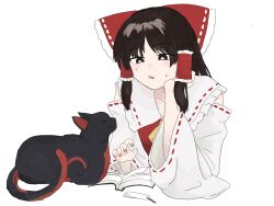  1girl animalization ascot black_cat book bookmark bow brown_eyes brown_hair cat cat_loaf closed_eyes closed_mouth commentary_request detached_sleeves frilled_bow frilled_hair_tubes frills hair_bow hair_tubes hakurei_reimu highres kaenbyou_rin kaenbyou_rin_(cat) long_hair multiple_tails open_book red_bow ribbon-trimmed_sleeves ribbon_trim smile sweatdrop tail tktkhappymchyru touhou two_tails yellow_ascot 