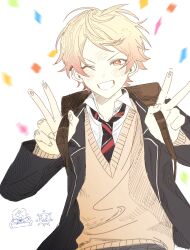  1boy backpack bag black_jacket blazer blonde_hair bright_pupils brown_bag clenched_hand closed_eyes collared_shirt commentary confetti diagonal-striped_clothes diagonal-striped_necktie double_v fingernails hands_up highres holding_strap jacket kamiyama_high_school_uniform_(project_sekai) lapels layered_clothes long_sleeves looking_at_viewer male_focus maydaysame necktie notched_lapels one_eye_closed open_clothes open_collar open_jacket open_mouth orange_eyes outstretched_arms pants project_sekai school_uniform shirt short_hair simple_background smile striped_clothes sun sweater tenma_tsukasa untranslatable_commentary upper_body v v-neck white_background white_pupils wing_collar 