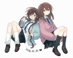  2girls :d back-to-back black_skirt blue_cardigan blue_eyes blue_necktie braid brown_hair brown_shoes cardigan collared_shirt dated double-parted_bangs full_body glasses hair_between_eyes hair_ornament hairclip heart highres kneehighs loafers long_hair looking_at_viewer loose_socks low_twin_braids makotoinu multiple_girls necktie open_cardigan open_clothes open_mouth orange_eyes original parallel_hairclips pink_cardigan plaid_clothes plaid_skirt pleated_skirt shirt shoes simple_background sitting skirt smile socks twin_braids very_long_hair white_background white_shirt white_socks 