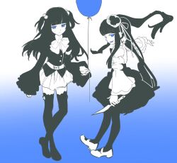  2girls balloon bell_sleeves blue_eyes dress expressionless frilled_sleeves frills full_body furudo_erika gradient_background highres holding holding_knife jacket knife long_hair looking_at_viewer mary_janes miniskirt multiple_girls shoes skirt smile spot_color thigh-highs twintails two_side_up umineko_no_naku_koro_ni ushiromiya_ange xian_(xyn17cmlq) zettai_ryouiki 