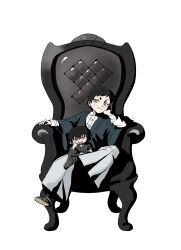  1boy 2boys aged_down black_hair black_kimono chair chibi child fushiguro_touji hair_between_eyes hakama hakama_pants highres japanese_clothes jujutsu_kaisen kimono long_sleeves looking_at_viewer male_focus meeeeet_kb multiple_boys on_chair pants scar scar_on_face scar_on_lip scar_on_mouth shirt shirt_under_kimono short_hair simple_background smile white_background yellow_eyes zen'in_naoya 