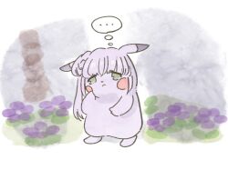  ... animal_with_hair animalization blush_stickers commentary frown green_eyes highres link!_like!_love_live! looking_at_viewer love_live! mashikaku_(ma4kaku10fu) no_humans otomune_kozue peakychu pikachu pokemon pokemon_(creature) pokemon_pokopia rearing side_ponytail sketch_background solo speech_bubble spoken_ellipsis thought_bubble 