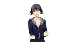  1boy alternate_eye_color angry black_hair blue_hoodie buttons casual chaos;child collarbone crossed_arms game_cg highres hood hoodie itou_shinji_(chaos;child) jewelry large_variant_set long_sleeves looking_at_viewer male_focus matsuo_yukihiro necklace non-web_source official_art open_mouth red_eyes science_adventure shirt short_hair solo spoilers swept_bangs tachi-e transparent_background upper_body v-shaped_eyebrows variant_set white_shirt 