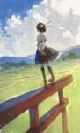  1girl black_hair black_skirt black_socks clouds cloudy_sky day fjsmu geta hat highres kneehighs outdoors pom_pom_(clothes) red_footwear red_headwear shameimaru_aya shirt short_hair short_sleeves skirt sky socks solo tengu-geta tokin_hat torii touhou white_shirt 