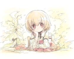  1girl :3 acorn aki_minoriko aki_shizuha aki_shizuha_(crab) arm_rest black_ribbon blonde_hair bright_pupils chair choker closed_mouth commentary_request crab dot_nose elbow_rest frilled_shirt_collar frilled_sleeves frills hand_on_own_cheek hand_on_own_face hat head_rest jpeg_artifacts light_blush light_frown long_sleeves looking_at_viewer nekoguruma on_chair outdoors pale_color red_eyes ribbon ribbon_choker short_hair sleeve_garter table tareme touhou tree unworn_hat unworn_headwear white_pupils wide_sleeves wooden_chair wooden_table 