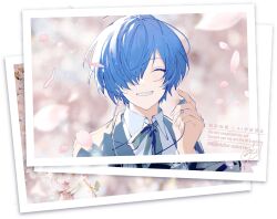  1boy black_jacket black_ribbon blue_hair cherry_blossoms closed_eyes collared_shirt commentary_request earphones gekkoukan_high_school_uniform grin hair_over_one_eye highres jacket looking_at_viewer male_focus neck_ribbon persona persona_3 petals photo_(object) ribbon school_uniform shirt signature simple_background smile solo upper_body white_background white_shirt yuuki_makoto_(persona_3) zeka_(skzk_cm) 