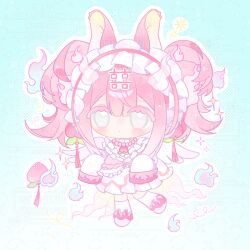  1girl animal_ears bead_necklace beads blue_background blunt_bangs blush chibi chibi_only closed_mouth double-parted_bangs double_bun dress food-themed_hair_ornament food-themed_necklace frilled_dress frilled_hairband frills full_body gradient_background hair_between_eyes hair_bun hair_ornament hairband highres jewelry long_sleeves necklace original outline peach_hair_ornament pink_hair pink_hairband pink_shoes shoes short_hair sleeves_past_fingers sleeves_past_wrists socks solo standing standing_on_one_leg white_dress white_eyes white_outline white_socks yikemaohetao 