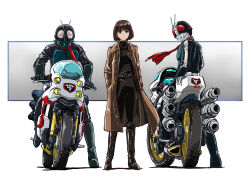  1girl 2boys armor belt black_gloves black_hair black_pants bodysuit boots bug coat compound_eyes cyclone_(kamen_rider) full_body gloves grasshopper green_armor green_gloves green_helmet grey_background hashtag-only_commentary helmet highres kamen_rider kamen_rider_1 kamen_rider_1_(shin) kamen_rider_2 kamen_rider_2_(shin) long_coat long_sleeves looking_at_viewer midorikawa_ruriko motor_vehicle motorcycle multiple_boys on_motorcycle pants red_eyes red_scarf rider_belt scarf shin_kamen_rider short_hair taiga_hiroyuki tokusatsu trench_coat typhoon_(kamen_rider) 