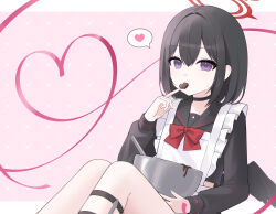  1girl absurdres black_choker black_hair black_sailor_collar black_serafuku black_wings blue_archive bow bowl candy chocolate choker commentary feathered_wings food food_in_mouth garter_straps gomzzit halo heart heart-shaped_chocolate heart-shaped_food heart_ribbon highres holding holding_bowl letterboxed long_sleeves looking_at_viewer low_wings mashiro_(blue_archive) outside_border patterned_background pink_background red_bow red_halo sailor_collar school_uniform serafuku short_hair single_garter_strap sitting solo speech_bubble spoken_heart valentine violet_eyes winged_halo wings 