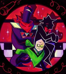  1other 2boys absurdres blush_stickers bow bowtie cat_mike_(deltarune) character_request check_character closed_mouth commentary cowboy_hat_mike deltarune english_commentary green_necktie green_pippins highres microphone mihych multiple_boys necktie one_eye_closed pippins_(deltarune) red_bow red_bowtie shadowguy_(deltarune) single_blush_sticker sneaking sweatdrop utdr_(toby_fox) zapper_(deltarune) 