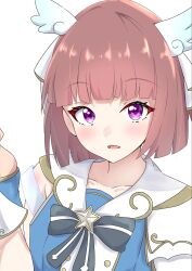 1girl armpit_crease blue_shirt blunt_bangs blunt_ends blush bob_cut brown_hair commentary hair_ornament hair_ribbon highres ikizulive!_love_live!_bluebird ikuto_(nanami_ice) looking_at_viewer love_live! open_mouth ribbon sailor_collar sailor_shirt sasaki_shion shirt short_hair sleeveless sleeveless_shirt solo upper_body violet_eyes white_ribbon white_sailor_collar wing_hair_ornament 