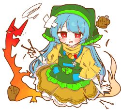  >_< 1girl anzu_cha709 apron bandaid bandaid_on_head between_fingers blue_hair blush_stickers bow commentary defeat dress dress_bow flower_ornament flying_sweatdrops frilled_dress frilled_sleeves frills green_apron green_bow green_headscarf haniwa_(statue) haniyasushin_keiki headscarf highres holding kneeling long_hair looking_at_viewer open_mouth red_eyes short_sleeves single_strap sitting solo squiggle torn_clothes touhou yellow_dress 