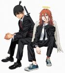  2boys absurdres angel_devil_(chainsaw_man) angel_wings black_eyes black_footwear black_hair black_jacket black_necktie black_pants black_suit blue_footwear brown_eyes brown_hair chainsaw_man collared_shirt dress_shoes earrings feathered_wings formal full_body hair_between_eyes halo hand_on_own_cheek hand_on_own_face hayakawa_aki head_on_hand highres jacket jewelry katana long_hair long_sleeves looking_at_viewer male_focus multiple_boys necktie own_hands_clasped own_hands_together pants parted_lips shiren_(ourboy83) shirt shoes short_hair short_ponytail sitting sneakers suit suit_jacket sword weapon weapon_on_back white_background white_shirt white_wings wings 