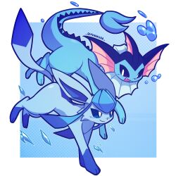  artist_name blue_eyes border bright_pupils commentary fang fins glaceon head_fins highres ice no_humans open_mouth outside_border pokemon pokemon_(creature) pokemon_focus skyumbreon smile untranslatable_commentary vaporeon water white_border white_pupils 