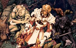  6+boys armor armored_boots battle black_eyes black_skin blonde_hair blood blood_on_armor blood_on_gloves blood_on_weapon boots breastplate brown_eyes brown_tunic capelet cave claws colored_sclera colored_skin dutch_angle gloves green_skin highres holding holding_detached_head holding_staff holding_sword holding_weapon kurzweil_durimgray looking_at_another male_focus multiple_boys official_art pelvic_curtain purin_(alicesoft) severed_hand severed_head sharp_teeth short_hair smirk staff standing surrounded sword teeth toushin_toshi toushin_toshi_ii tunic veins veiny_arms veiny_face weapon white_capelet white_gloves yellow_sclera 