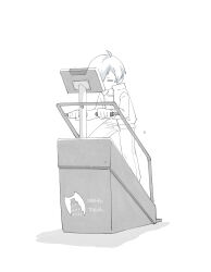  1boy closed_eyes commentary_request exercise_machine greyscale highres holding jacket kkyagdoyo164972 korean_commentary korean_text long_sleeves male_focus monochrome open_clothes open_jacket pants persona persona_3 short_hair simple_background solo standing translation_request white_background yuuki_makoto_(persona_3) 