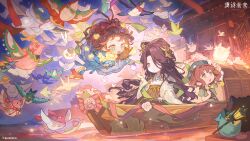  3girls :d :o absurdres animal animal_lantern animalization architecture arm_up beret bird bird_hair_ornament black_hair black_skirt blue_bow blue_dress blue_eyes blue_scarf blue_sky boat boots bow bowtie brown_boots brown_hair brown_sash chibi chinese_clothes chinese_commentary commentary_request copyright_notice dress eagle_(reverse:1999) east_asian_architecture flutterpage flying girl_scout green_dress green_eyes green_hat green_shawl hair_bow hair_ornament hand_up hanfu hat highres holding holding_animal lamplighter_(reverse:1999) lantern_festival logo long_hair looking_at_another looking_up mole mole_under_eye multiple_girls multiple_hair_bows night official_alternate_costume official_art on_boat open_mouth orange_scarf origami outdoors paper_crane purple_bow red_bow reverse:1999 sash scarf scout_movement scout_uniform shawl short_hair shoulder_sash skirt sky smile tit_(bird) traditional_bowtie two-tone_scarf water watercraft white_hanfu willow_(reverse:1999) yellow_bow yellow_bowtie 