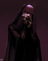  absurdres black_tiara gradient_background hands_on_own_face highres hololive hololive_english jewelry long_hair mori_calliope pink_hair red_eyes ring steb tiara veil very_long_hair 