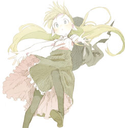  1girl abara_heiki armpit_peek bare_arms bare_shoulders black_hat black_pantyhose black_skirt blonde_hair blue_eyes blush bright_pupils dot_nose elf falling floating_hair foot_out_of_frame foreshortening frills hat hat_on_back hatching_(texture) high-waist_skirt leg_up linear_hatching long_hair looking_at_viewer original outstretched_arms outstretched_hand pale_color pantyhose parted_lips petticoat pointy_ears shoe_soles simple_background skirt solo upskirt white_background white_pupils witch witch_hat woven_hatching 