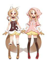  1girl :d animal_ear_fluff animal_ears black_thighhighs blush boots brown_boots brown_gloves brown_hair brown_shirt commentary_request cross-laced_shoes dot_nose drawstring fang frilled_sleeves frills full_body fur-trimmed_gloves fur_trim gloves hood hood_up hoodie knee_boots lace-up_boots long_hair multiple_views official_art open_mouth ouka_miko pink_hoodie red_eyes red_shoes second-party_source shirt shoes short_sleeves shorts simple_background sleeveless sleeveless_shirt smile standing tail thigh-highs tied_drawstring transparent_background voicevox wolf_ears wolf_girl wolf_tail yareru_babaa yellow_shorts 