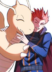  1boy amomo1012 belt blue_cape cape closed_eyes closed_mouth commentary_request dragonite highres lance_(pokemon) long_sleeves looking_to_the_side male_focus multicolored_shirt open_mouth pokemon pokemon_(creature) pokemon_hgss red_cape red_hair round_teeth short_hair sideways_glance simple_background smile teeth twitter_username two-sided_cape two-sided_fabric upper_teeth_only white_background widow's_peak 