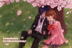 1boy 1girl absurdres belt black_jacket black_pants black_skirt blue_hair bow bowtie brown_hair cardigan cherry_blossoms choker closed_eyes closed_mouth commentary commission couple earrings english_commentary falling_petals feet_out_of_frame flipped_hair gekkoukan_high_school_uniform grass hair_over_one_eye hand_on_another's_arm head_on_another's_shoulder heads_together heart heart_choker hetero highres jacket jewelry leaning_on_person long_sleeves loose_bowtie mallows neck_ribbon open_clothes open_jacket outdoors pants persona persona_3 petals pink_cardigan pink_petals pleated_skirt red_bow red_bowtie ribbed_cardigan ribbon school_uniform shirt short_hair sitting skirt smile stud_earrings takeba_yukari tree under_tree white_choker white_shirt wing_collar yuuki_makoto_(persona_3) 