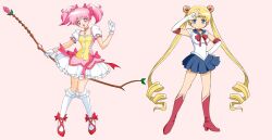  1990s_(style) 2girls aoki_ume_(style) bishoujo_senshi_sailor_moon blonde_hair blue_eyes blue_sailor_collar bow breasts choker clovenfawn crescent crescent_choker double_bun drill_hair elbow_gloves genre_connection gloves hair_bun hair_ornament highres itou_ikuko_(style) kaname_madoka kaname_madoka_(magical_girl) long_hair magical_girl mahou_shoujo_madoka_magica mahou_shoujo_madoka_magica_(anime) multiple_girls parody red_bow red_choker retro_artstyle sailor_collar sailor_moon sailor_moon_pose sailor_senshi sailor_senshi_uniform skirt style_parody twin_drills twintails white_gloves 