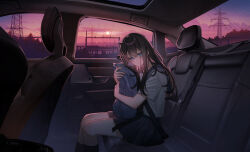  1girl absurdres black_hair blue_eyes car car_interior car_seat commentary_request hair_between_eyes highres hugging_object long_hair motor_vehicle original pleated_skirt purple_sky scenery school_uniform serafuku sidelocks skirt sky solo sunset zarea 