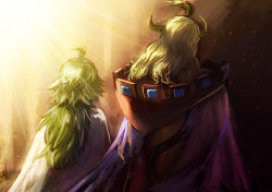  2boys ahoge blonde_hair blue_cloak brown_cloak cathedral ceremony church cloak commentary_request cowboy_shot dappled_sunlight evening facing_away ghetsis_(pokemon) green_hair hair_slicked_back kurobis light_particles long_hair low_ponytail male_focus multiple_boys n_(pokemon) pillar pokemon pokemon_bw ponytail side-by-side sunlight two-tone_cloak wavy_hair white_cloak 