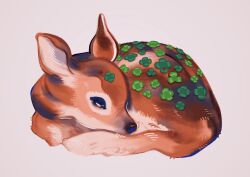 animal animal_focus animal_on_head baby_animal black_eyes blue_eyes bug closed_mouth clover colored_eyelashes commentary curled_up deer english_commentary fawn four-leaf_clover growing_out_of_body highres ladybug looking_at_viewer lying meyoco no_humans on_ground on_head original pink_background plant simple_background 