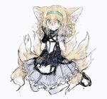 1girl animal_ear_fluff animal_ears arknights black_gloves blonde_hair blue_hairband blush dress flying_sweatdrops fox_ears fox_girl fox_tail gloves green_eyes hair_between_eyes hair_rings hairband highres infection_monitor_(arknights) kyuubi multicolored_hair multiple_tails parted_lips reitoubeef simple_background single_glove sitting sketch solo suzuran_(arknights) sweat tail white_hair 