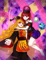  2girls absurdres barefoot black_dress black_hat black_shirt blonde_hair blush chain clothes_writing commentary_request dalachi_(headdress) dress earth_(ornament) energy energy_tail floating fox_tail gold_chain hat hecatia_lapislazuli highres junko_(touhou) long_hair long_sleeves looking_at_viewer mochigumo moon_(ornament) multicolored_skirt multiple_girls multiple_tails neck_ribbon off-shoulder_shirt off_shoulder phoenix_print red_eyes red_hair red_tabard ribbon shirt skirt smile t-shirt tabard tail toes touhou underworld_(ornament) very_long_hair wide_sleeves yellow_ribbon yuri 