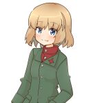  1girl blonde_hair blue_eyes bob_cut closed_mouth commentary fang girls_und_panzer green_jacket jacket katyusha_(girls_und_panzer) light_blush long_sleeves looking_at_viewer pravda_school_uniform red_shirt rico_(rico-tei) school_uniform shirt short_hair simple_background smile solo turtleneck upper_body white_background 