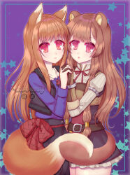  2girls animal_ear_fluff animal_ears artist_name belt black_dress black_sash black_skirt black_vest blue_background blue_border blunt_bangs border brown_belt brown_gloves brown_hair closed_mouth collarbone collared_dress commentary cowboy_shot crossover deviantart_logo deviantart_username double-parted_bangs dress elbow_gloves english_commentary fur-trimmed_vest fur_trim gloves grey_vest high_collar highres holding_hands holo instagram_logo instagram_username intertwined_tails long_hair long_skirt long_sleeves looking_at_viewer low_neckline metal_arm_cuffs metal_hair_tubes metal_wrist_cuffs multiple_girls neck_pouch neck_ribbon open_clothes open_collar open_vest parted_lips pinstripe_dress pinstripe_pattern purple_background purple_shirt raccoon_ears raccoon_girl raccoon_tail raphtalia red_dress red_eyes red_ribbon red_sash ribbon sash shirt short_dress skirt sleeveless sleeveless_dress spice_and_wolf star_(symbol) star_symbol_background straight_hair tail tate_no_yuusha_no_nariagari two-tone_background two-tone_dress two-tone_sash two-tone_vest vest watermark white_dress wolf_ears wolf_girl wolf_tail xkuro-usagi 