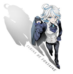  1girl absurdres ascot asymmetrical_gloves black_ascot blue_ascot blue_jacket drop-shaped_pupils eyelash_ornament furina_(genshin_impact) gem genshin_impact gloves highres jacket mismatched_gloves mismatched_pupils multicolored_hair narcissist_64c9b416000000000b005577 ouji_fashion streaked_hair symbol-shaped_pupils 