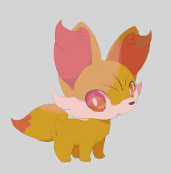  animal_ear_fluff bright_pupils closed_mouth commentary_request fennekin full_body grey_background hinekure no_humans orange_eyes pokemon pokemon_(creature) red_eyes simple_background solo white_pupils 