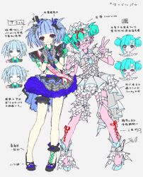  2girls :< :3 :d :o angel_wings ankle_bow ankle_cuffs ankle_strap ankle_wings aqua_hair arm_piercing ascot asymmetrical_bangs asymmetrical_legwear asymmetrical_skirt badge belt black_bow black_eyes black_hat black_shoes black_skirt blue_ascot blue_hair blue_headdress blue_nails blue_necktie blue_shoes blue_skirt blue_trim blunt_bangs bow bow_legwear buttons cleavage_cutout closed_eyes closed_mouth clothing_cutout collared_shirt colored_skin commentary contrast_lapels corset_piercing cropped_shoulders double_bun ear_piercing emoticon eyepatch fake_wings frilled_cuffs frilled_eyepatch frilled_shoes frilled_straps frilled_thigh_strap full_body garter_straps gloves green_trim grey_background grey_bow grey_gloves grey_shirt grey_skirt grey_trim hair_bow hair_bun hair_ornament hair_ribbon hands_up hat heart heart_eyepatch highres holding holding_phone idol_clothes index_finger_raised jaggy_lines jitome kaomoji kitten_heels lapels layered_skirt leg_piercing legs_apart looking_at_viewer midriff mini_hat mismatched_legwear mole mole_on_leg mole_under_eye multicolored_shoes multicolored_skirt multiple_expressions multiple_girls multiple_views navel necktie o-ring o-ring_garter_straps original phone piercing pink_skin plaid_bow plaid_clothes plaid_skirt pointing_out_the_details puffy_short_sleeves puffy_sleeves purple_belt purple_bow purple_shoes purple_skirt rabbit_ear_smartphone_case rabbit_hair_ornament red_eyes red_ribbon ribbon ribbon-trimmed_cuffs sash shirt shoes short_hair short_necktie short_sleeves shoulder_sash showgirl_skirt side_cutout sidelocks single_sidelock skirt smartphone_case smile spiked_ear_piercing standing susushi_11 text_background thick_eyebrows thigh_strap twintails two-sided_fabric two-sided_skirt two-tone_headdress two-tone_shoes two-tone_skirt untranslatable_commentary v white_ankle_cuffs white_garter_straps white_headdress white_shoes white_skirt white_wrist_cuffs wings wrist_cuffs yellow_skin 