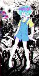  1boy barefoot big_yellow_cat_(omori) blue_overalls closed_eyes colored_skin commentary english_text flower flower_wreath green_hair green_shirt hashtag-only_commentary head_wreath male_focus omori omori_0614 open_mouth overall_shorts overalls photo_(object) shirt short_sleeves solo something_(omori) speech_bubble t-shirt teeth tongue white_skin 