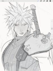  1boy armor art_program_in_frame buster_sword cloud_strife final_fantasy final_fantasy_vii greyscale hair_between_eyes highres male_focus mmmckayyy monochrome parted_lips pauldrons ribbed_shirt shirt short_hair shoulder_armor sigh single_bare_shoulder single_pauldron sketch sleeveless sleeveless_turtleneck solo spiky_hair suspenders sweatdrop sword sword_on_back toned toned_male turtleneck upper_body weapon weapon_on_back white_background 