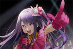  1girl :d blush dress foreshortening gloves hair_between_eyes hair_ornament hair_ribbon heart holding holding_microphone hoshino_ai_(oshi_no_ko) idol long_hair looking_at_viewer microphone multicolored_hair open_mouth oshi_no_ko penlight pink_dress pink_gloves pink_hair pink_ribbon pointing pointing_up purple_hair rabbit_hair_ornament rainry ribbon smile solo star-shaped_pupils star_(symbol) star_in_eye streaked_hair symbol-shaped_pupils symbol_in_eye teeth upper_body upper_teeth_only v-shaped_eyebrows violet_eyes 