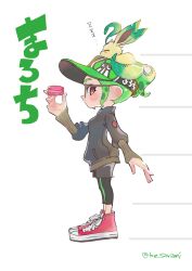  ... 1girl absurdres artist_name black_leggings commentary_request food from_side green_hat grey_jacket grey_shorts hat highres holding holding_food jacket ke_sarami leafeon leggings leggings_under_shorts looking_at_viewer macaron octoling octoling_girl octoling_player_character on_head pokemon pokemon_(creature) pokemon_on_head red_shoes shoes shorts simple_background sleeping solo splatoon_(series) standing tentacle_hair twitter_username visor_cap white_background zzz 