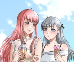  2girls bare_arms bare_shoulders bead_necklace beads black_ribbon blue_eyes blue_sky bra_strap braid brown_eyes bubble_tea chocolate_syrup closed_mouth clouds commentary couple cup day disposable_cup dot_nose dress drink drinking_straw earrings english_commentary eyelashes floral_print flower flower_necklace food frilled_shirt frills grey_hair hair_ribbon half_up_half_down_braid happy height_difference highres holding holding_another's_arm holding_drink holding_food holding_ice_cream holding_ice_cream_cone ice_cream ice_cream_cone jewelry kimi_(miracle_nikki) light_blush lipstick long_hair long_sidelocks makeup miracle_nikki multiple_girls necklace nikki_(nikki) nikki_(series) nonoberry22 off-shoulder_dress off_shoulder outdoors pink_hair pink_lips print_shirt red_flower red_rose ribbon rose rose_print shirt short_sleeves shoulder_blush sidelocks single_sidelock sky sleeveless sleeveless_shirt smile stud_earrings upper_body very_long_hair wavy_hair white_dress white_shirt yuri 