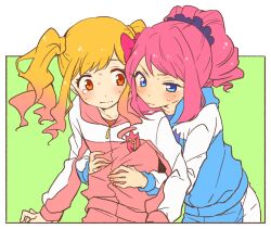  2girls aikatsu!_(series) aikatsu_stars! blonde_hair blue_eyes blue_jacket blue_pants blue_track_suit blush bow brown_eyes commentary_request gradient_hair green_background hair_bow hands_on_another's_stomach hood hood_down hooded_jacket hug hug_from_behind jacket kumo_suzume long_hair long_sleeves looking_at_another multicolored_hair multiple_girls nervous_sweating nijino_yume pants pink_hair pink_jacket pink_pants pink_track_suit ponytail sakuraba_rola sweat track_suit twintails twintails_with_hair_base uneven_eyes 