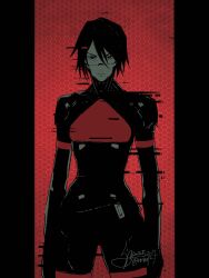  1girl android arms_at_sides black_eyes black_hair cowboy_shot dated elster_(signalis) fune_(nkjrs12) glitch highres honeycomb_(pattern) limited_palette looking_at_viewer pillarboxed red_background red_pupils serious short_hair signalis signature skin_seams solo standing 
