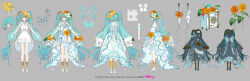  1girl aqua_eyes aqua_hair aqua_nails arm_scrunchie bare_shoulders bird boots bow bowtie butterfly_hair_ornament butterfly_wings closed_umbrella concept_art cropped_arms dress fingerless_gloves flower from_behind from_side full_body gloves grey_background hair_flower hair_ornament hat hat_flower hatsune_miku headset high_heel_boots high_heels highres insect_wings lace-up_boots layered_dress long_hair looking_at_viewer magical_mirai_(vocaloid) magical_mirai_miku magical_mirai_miku_(2026) microphone multiple_views musical_note musical_note_hair_ornament official_art open-toe_boots open_mouth orange_flower reference_sheet ribbon second-party_source see-through_bow see-through_clothes see-through_gloves speaker standing standing_on_one_leg straw_hat sunflower twintails umbrella very_long_hair vocaloid wata_(attaka_towel) white_dress white_flower white_gloves white_ribbon wings 